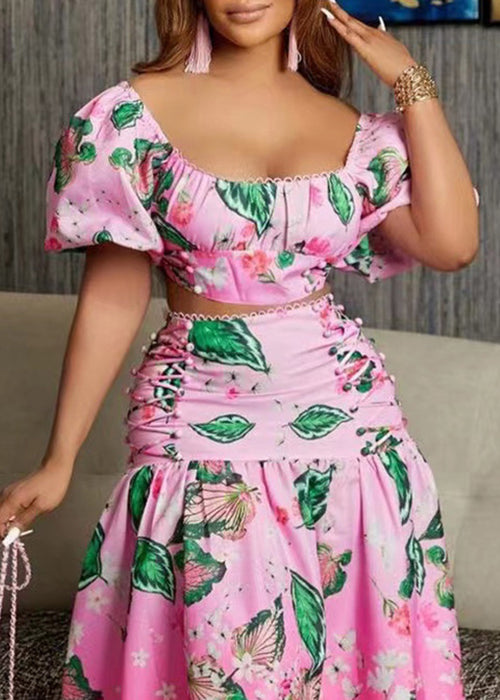 New Pink Gradient Color Print Tops and Skirts Cotton Two Pieces Set Summer