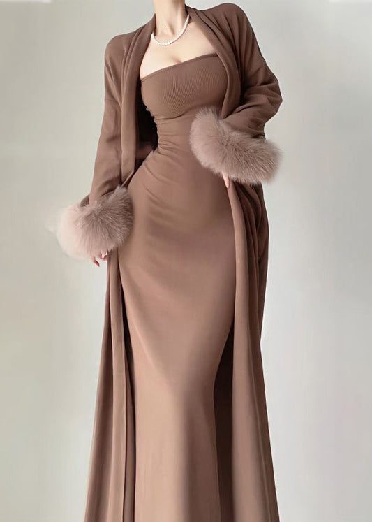 Modern Coffee Knit Cotton Long Cardigans and Long Dress Two Pieces Set Winter
