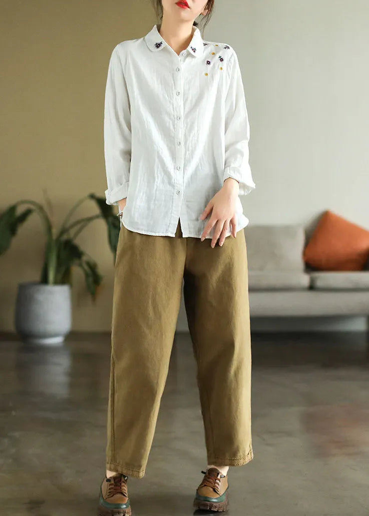 Art White Peter Pan Collar Embroidered Cotton Shirt Spring