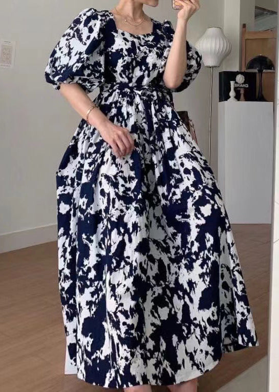 Black Square Collar Print Cotton Long Dress Summer