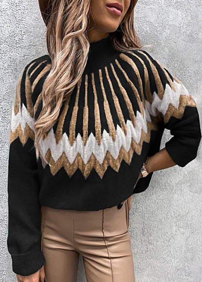 Stylish White Hign Neck Print Knit Short Sweater Fall