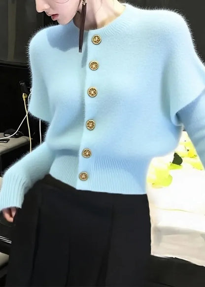 Blue O Neck Button Knit Short Sweater Winter