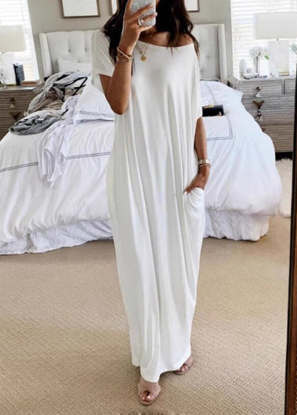 Simple White Slash Neck Cotton Long Dress Batwing Sleeve