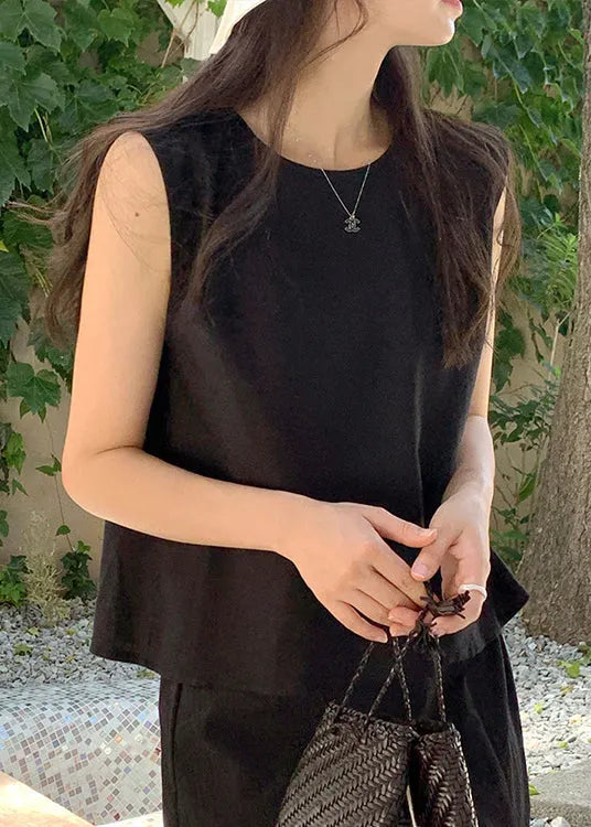 Simple White O Neck Linen T Shirt Tops Sleeveless
