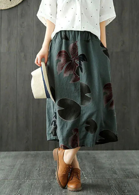 Classy Blackish Green Side Open Pockets Print Skirts Spring