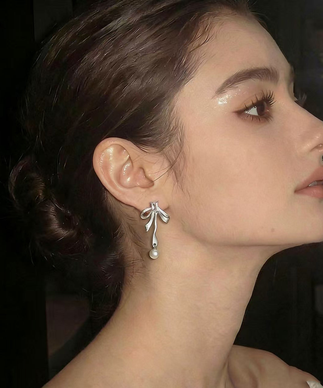Silvery Bow Metal Pearl Pendant Fine Zircon Drop Earrings