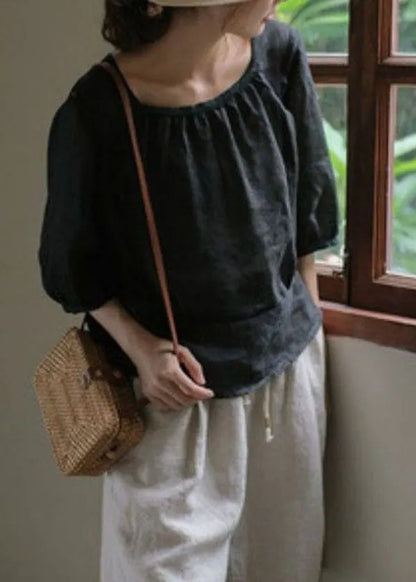 Diy Black O Neck Patchwork Back Side Open Linen Shirt Top Summer