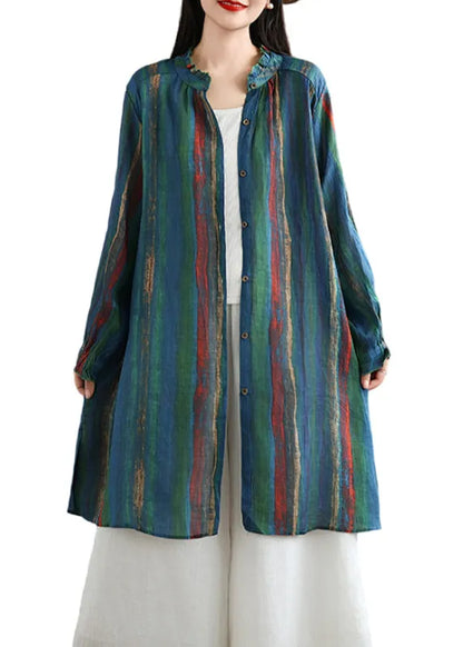 Green Ruffled Striped Button Cotton Shirt Fall