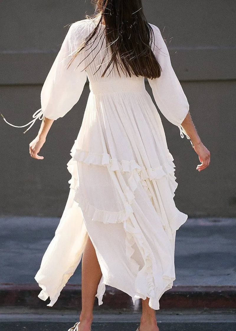 Loose Yellow Ruffled Lace Up Cotton Dresses Bracelet Sleeve