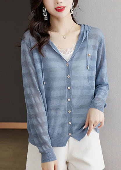 Blue Striped Patchwork Drawstring Hooded Ice Size Knit Cardigan Long Sleeve
