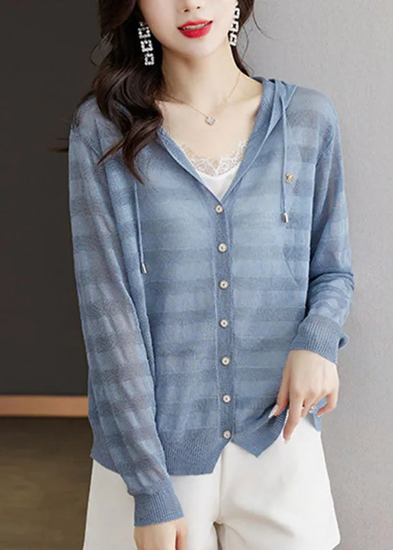 Blue Striped Patchwork Drawstring Hooded Ice Size Knit Cardigan Long Sleeve
