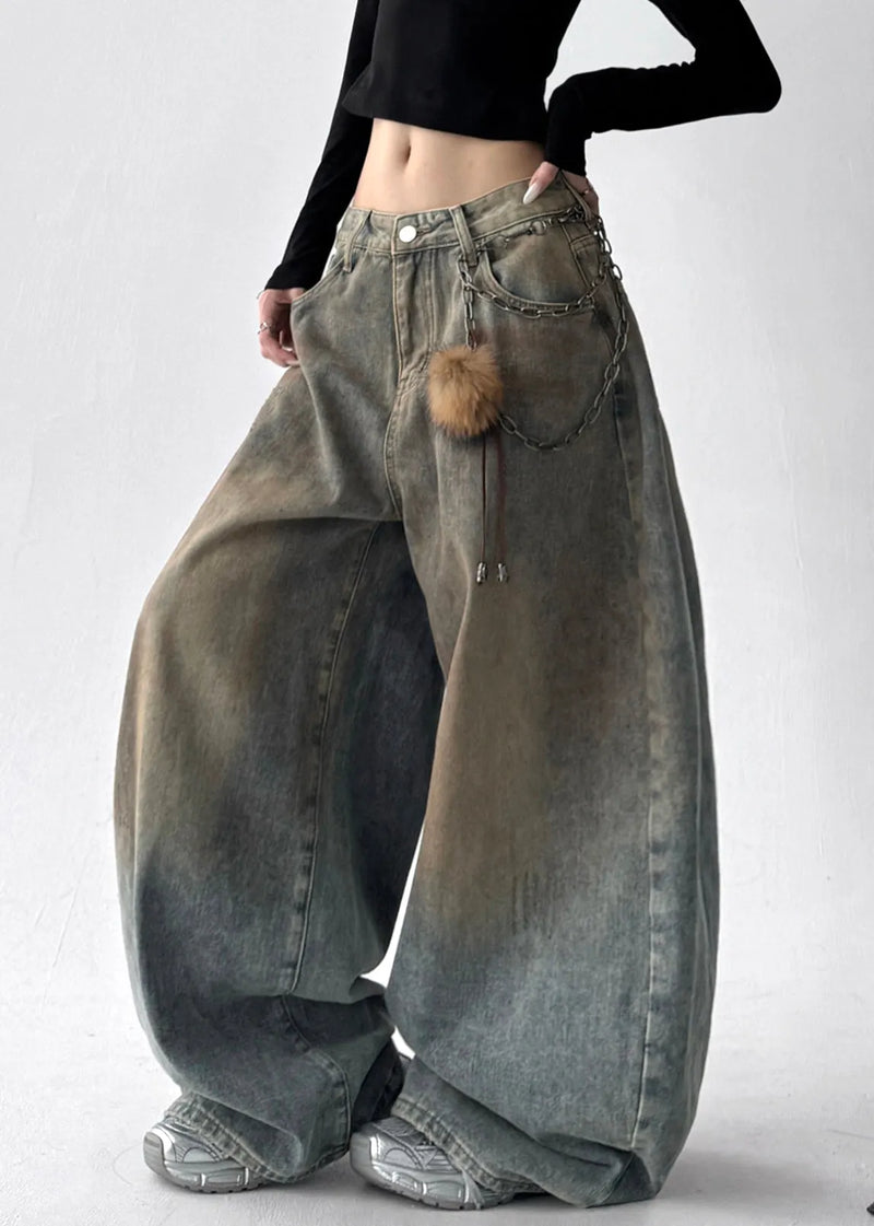French Light Blue Oversized Denim Wide Leg Pants Spring