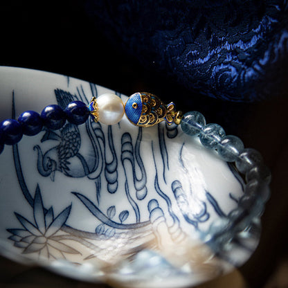 Buddha Stones Natural Aquamarine Lazurite Lapis Lazuli Fish Healing Bracelet