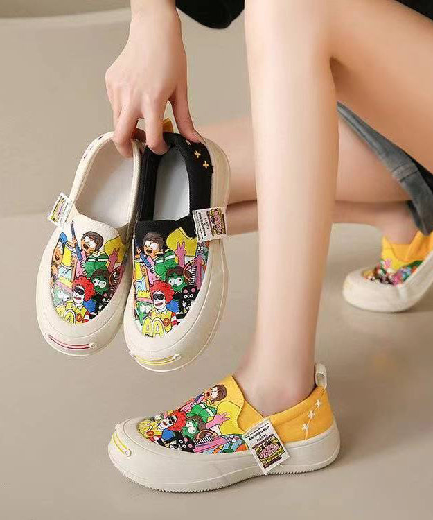 Beige Graffiti Platform Canvas Flat Shoes for