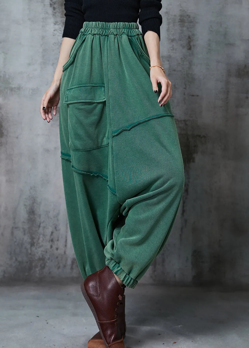 Green Oversized Asymmetrical Cotton Harem Pants Fall