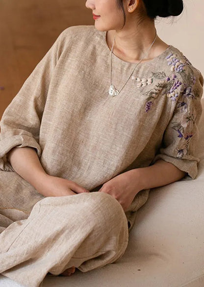 O-neck Embroidered Linen Shirt Top Long Sleeve