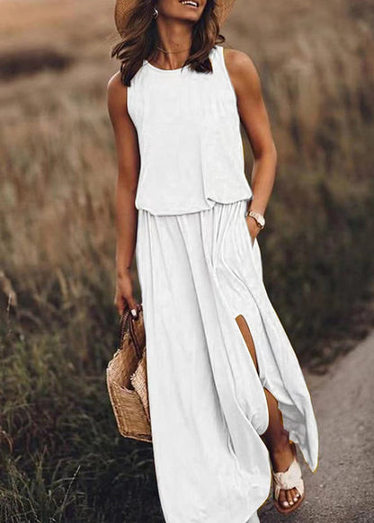 Khaki O Neck Side Open Cotton Dress Sleeveless