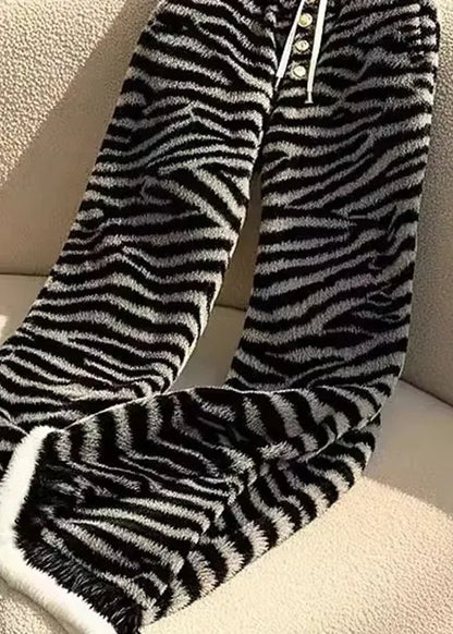 Zebra Pattern Lace Up Elastic Waist Fluffy Pants Spring
