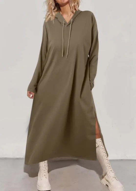 Tea Green Hooded Side Open Cotton Long Dress Fall