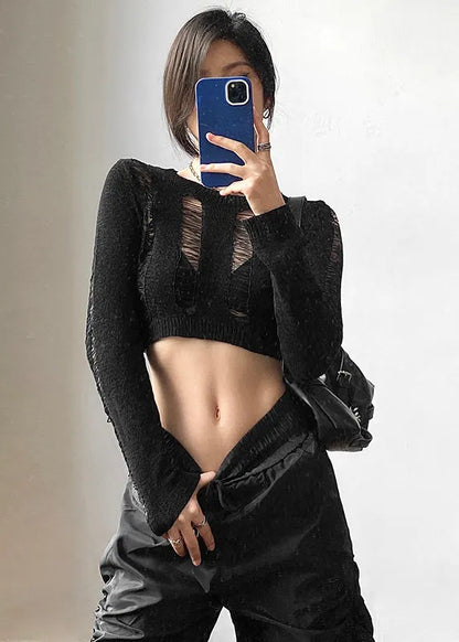 Spicy Girl Style Black Hollow Out Short Knit Top Long Sleeve
