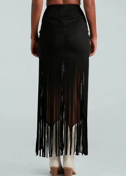 Slim Fit Brick Red Tasseled Zippered Faux Suede Maxi Skirts