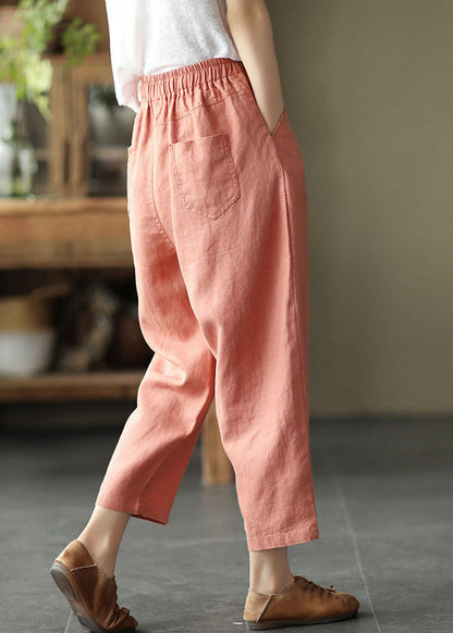 Pink Elastic Waist Pockets Linen Crop Pants Summer