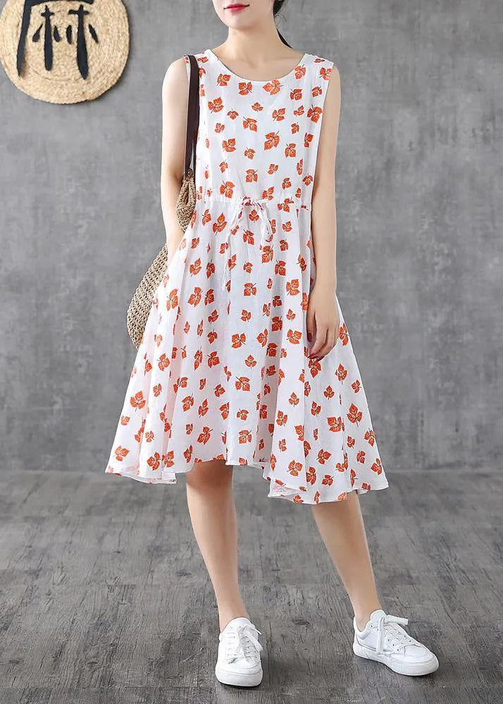 Handmade White Print Linen Long Shirts Sleeveless Cotton Summer Dress