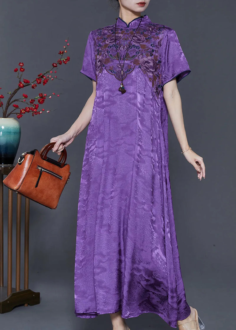 Purple Embroidered Jacquard Silk Vacation Dresses Summer