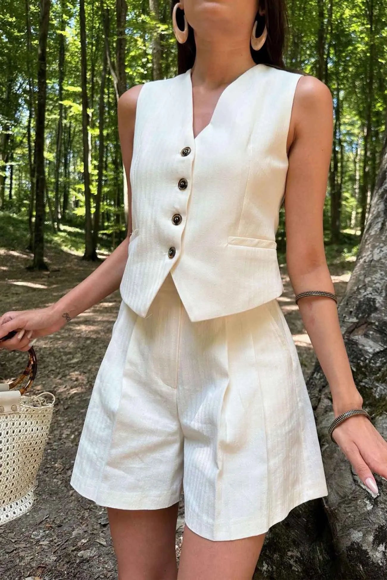 V Neck Button Front Vest Shorts Set