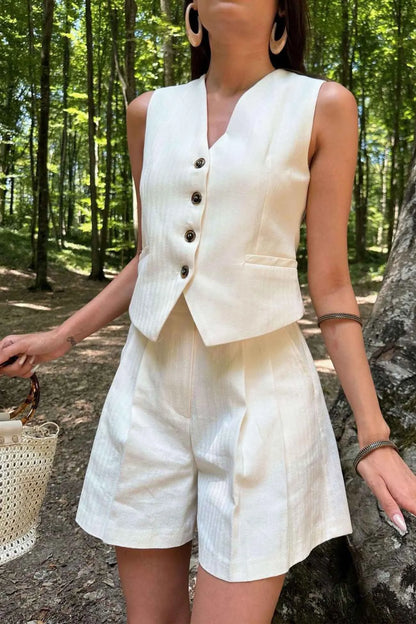 V Neck Button Front Vest Shorts Set