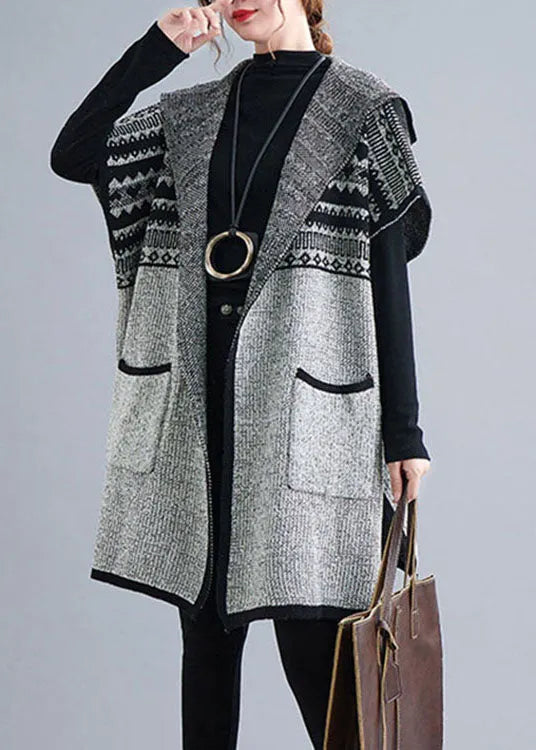 Grey Hooded Short Sleeve Pockets Loose Fall Knit Sweater Cardigans