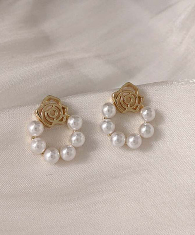 Classy White Copper Overgild Pearl Hollow Out Hoop Earrings