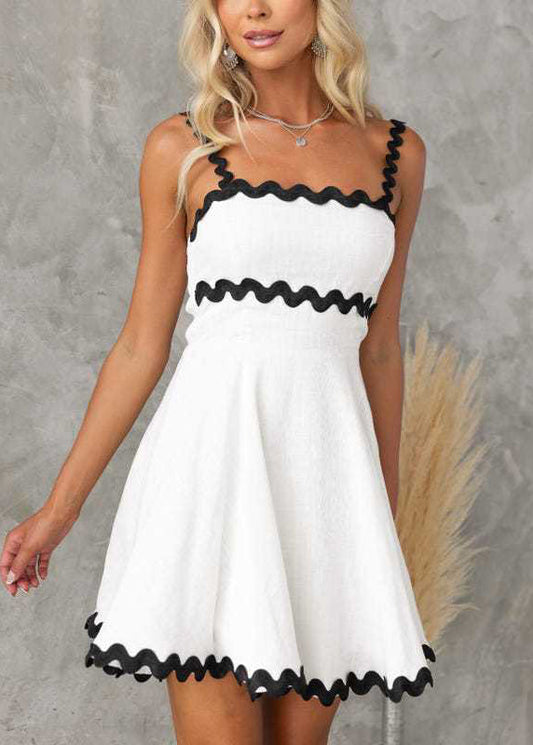 Stylish White Patchwork Cotton Spaghetti Strap Dress Summer