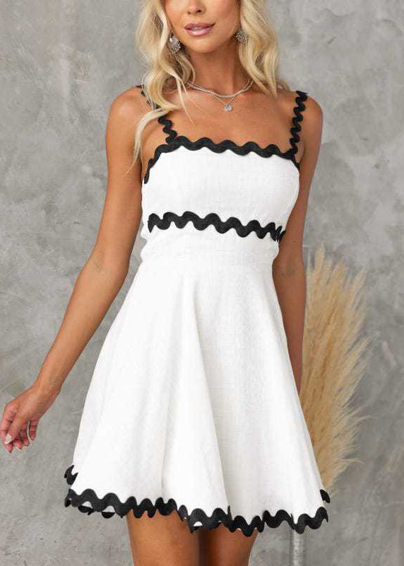 Stylish White Patchwork Cotton Spaghetti Strap Dress Summer