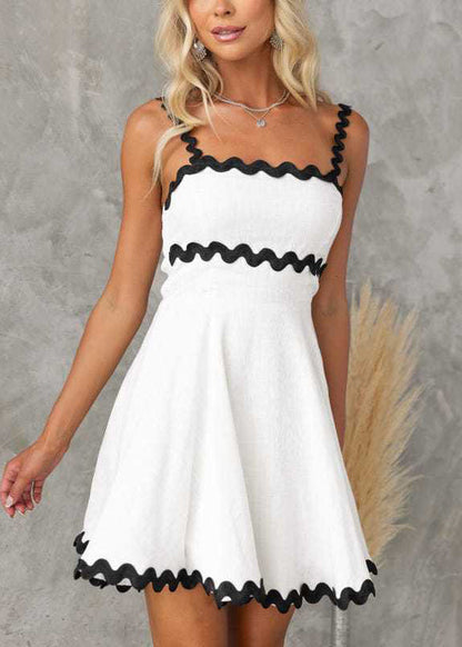 Stylish White Patchwork Cotton Spaghetti Strap Dress Summer