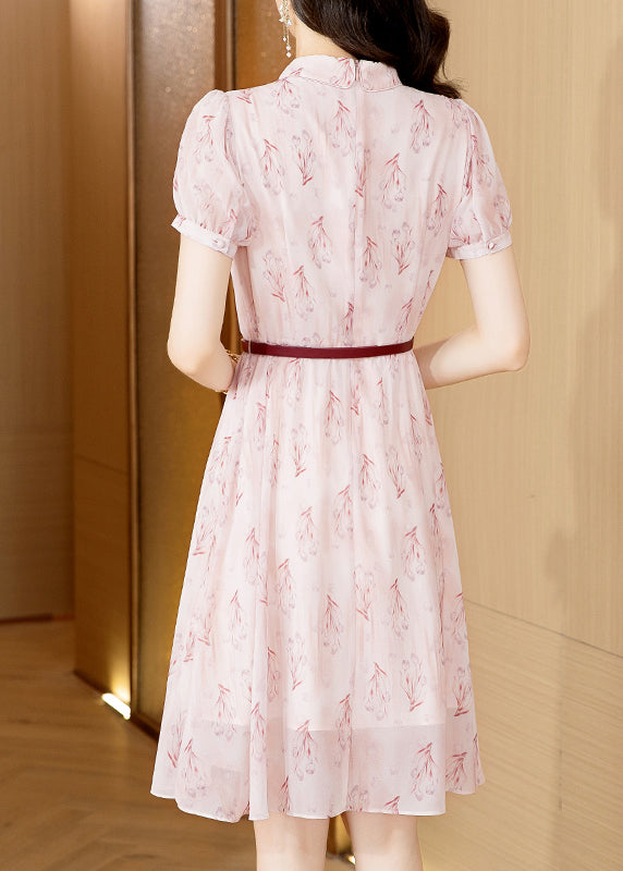 Pink Peter Pan Collar Print Chiffon Shirts Dress Short Sleeve