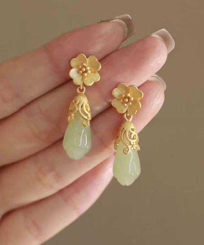 Chinese Style Gold Copper Alloy Jade Water Droplet Drop Earrings