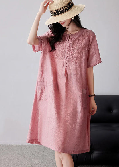 Pink Embroidered Oversized Linen Dresses Summer