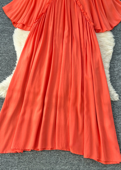 Orange Ruffled Cotton a Line Dresses Batwing Sleeve