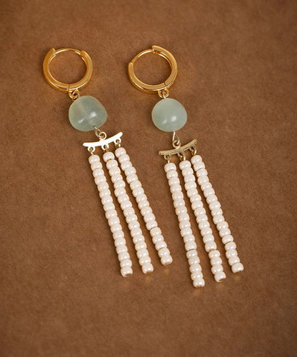Classy White Copper Overgild Jade Beads Tassel Drop Earrings