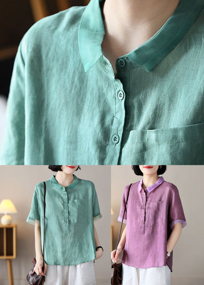 Green Organza Patchwork Linen Shirt Top Pocket Button Short Sleeve