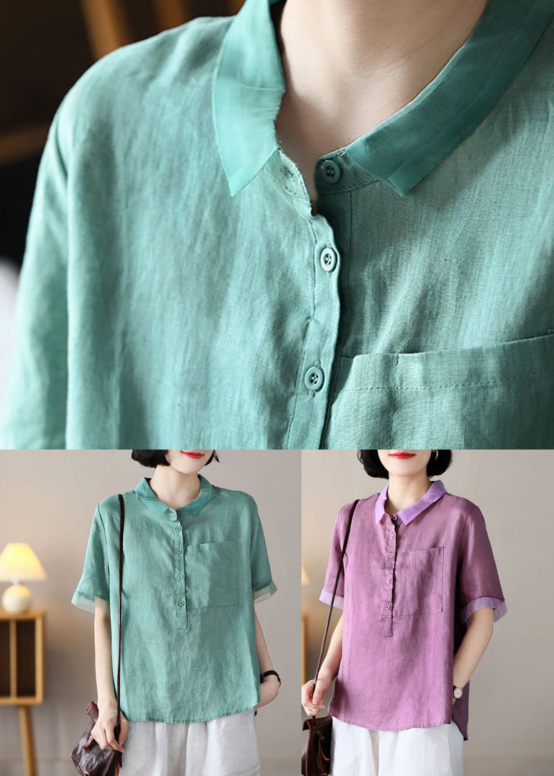 Green Organza Patchwork Linen Shirt Top Pocket Button Short Sleeve