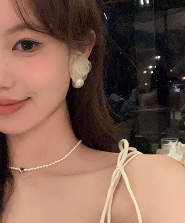 Stylish Beige Pearl Chiffon Hoop Earrings