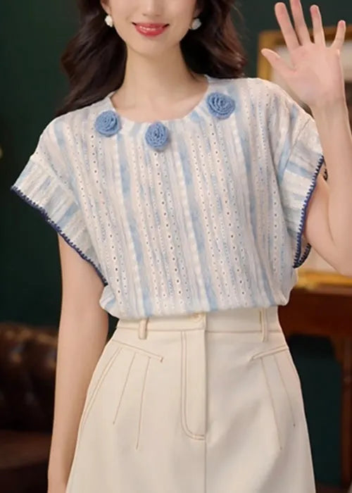 Art Blue Hollow Out Cotton T Shirt Summer