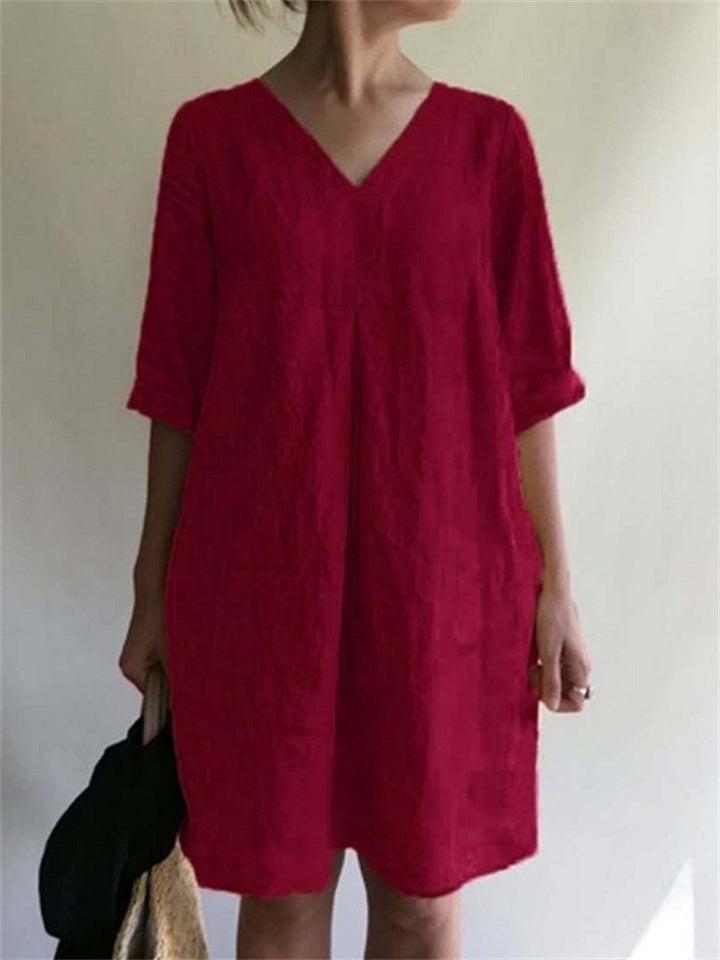 V-neck Color Cotton Linen Loose Dresses