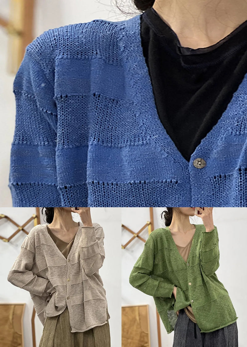 Loose Blue V Neck Hollow Out Cotton Knit Coat Fall