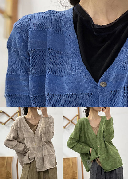 Loose Blue V Neck Hollow Out Cotton Knit Coat Fall