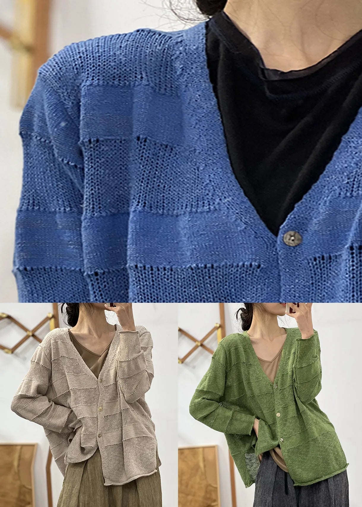 Loose Blue V Neck Hollow Out Cotton Knit Coat Fall