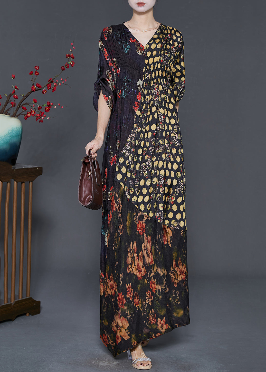 Black Asymmetrical Print Silk Vacation Dresses Spring