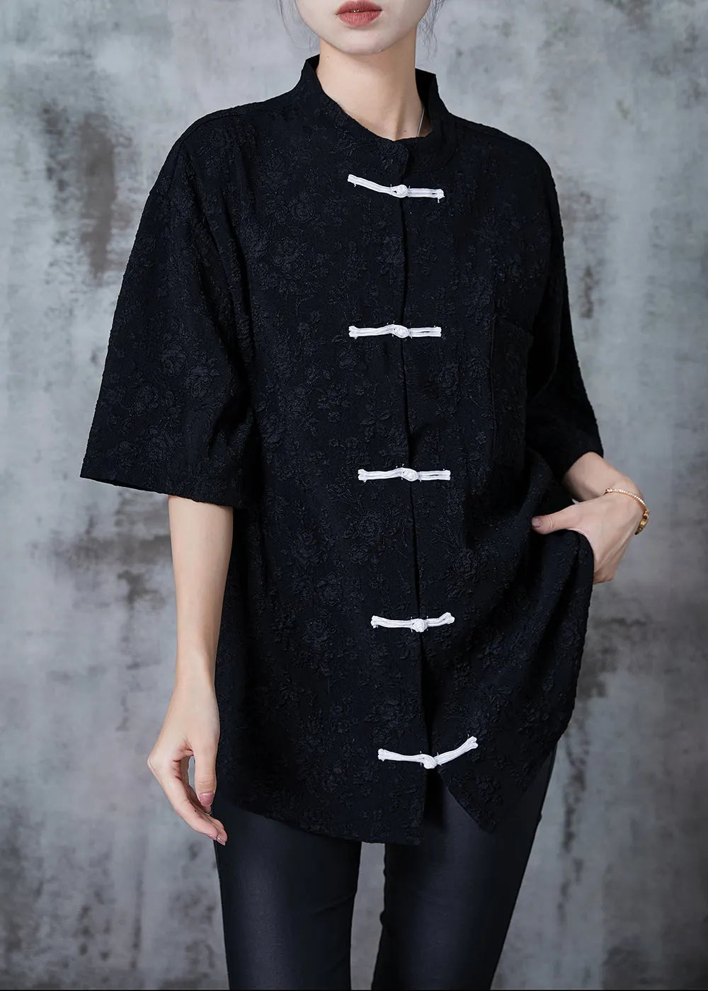 Black Jacquard Loose Silk Shirt Top Chinese Button Summer